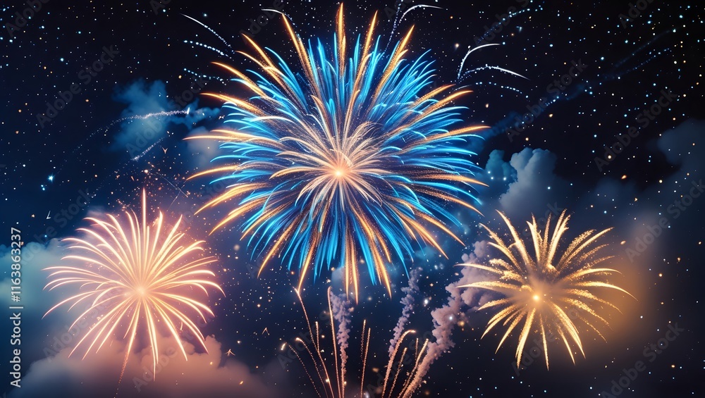 Naklejka premium Colorful fireworks show against a deep night sky with golden and blue bursts, sparkling stars, and smoke trails; perfect for event promotions, festival posters, or digital backdrops.