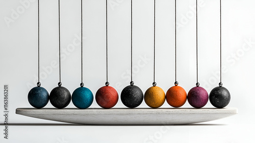 Colorful Pendulum Balls, Kinetic Energy in Motion, Displaying Vibrant Hues and Interconnected Movement Gracefully.