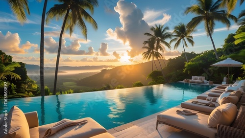 With the brilliant hues of daybreak casting a golden glow over peaceful surroundings, the outdoor pool terrace of an opulent villa provides a stunning panoramic perspective of the lush tropical countr photo