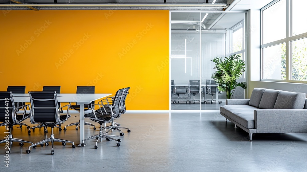 Modern office featuring a yellow wall, concrete flooring, and a conference room behind a glass wall