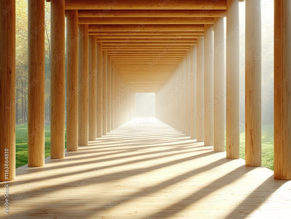 Sunlit wooden colonnade path leading to bright light. Sunlit wooden colonnade path leading to bright light.