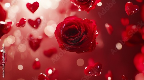 A vibrant display features red roses surrounded by floating hearts on a blurred background. The setup evokes a romantic ambiance perfect for a love celebration