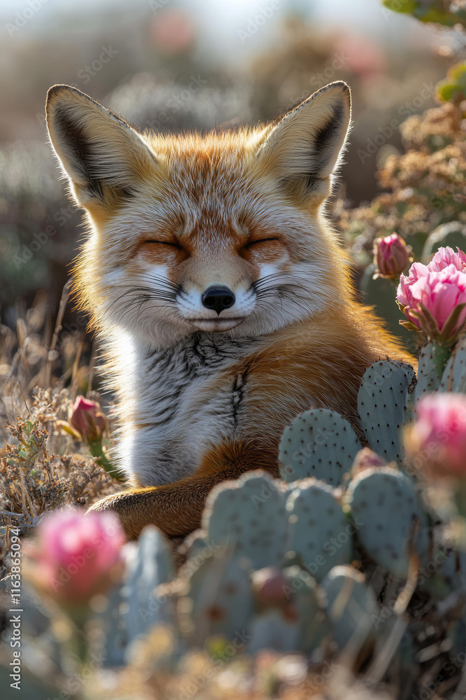 Fototapeta premium A desert fox resting in the shade of a cactus with vibrant pink flowers,