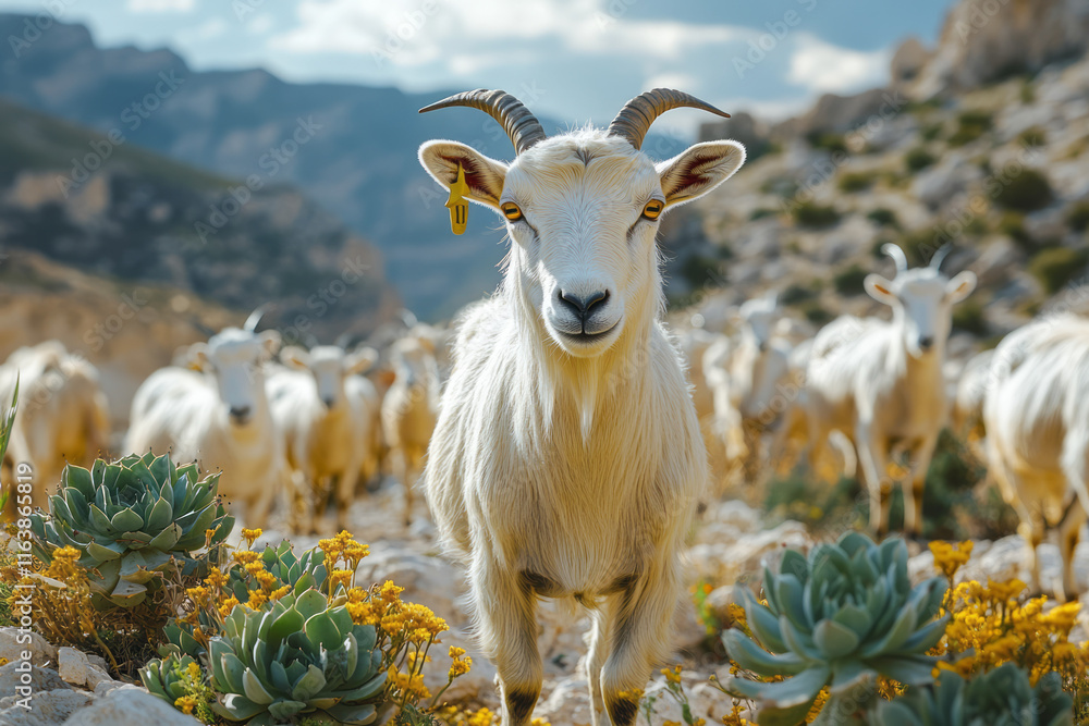 Obraz premium A herd of wild desert goats grazing near a patch of green succulents,