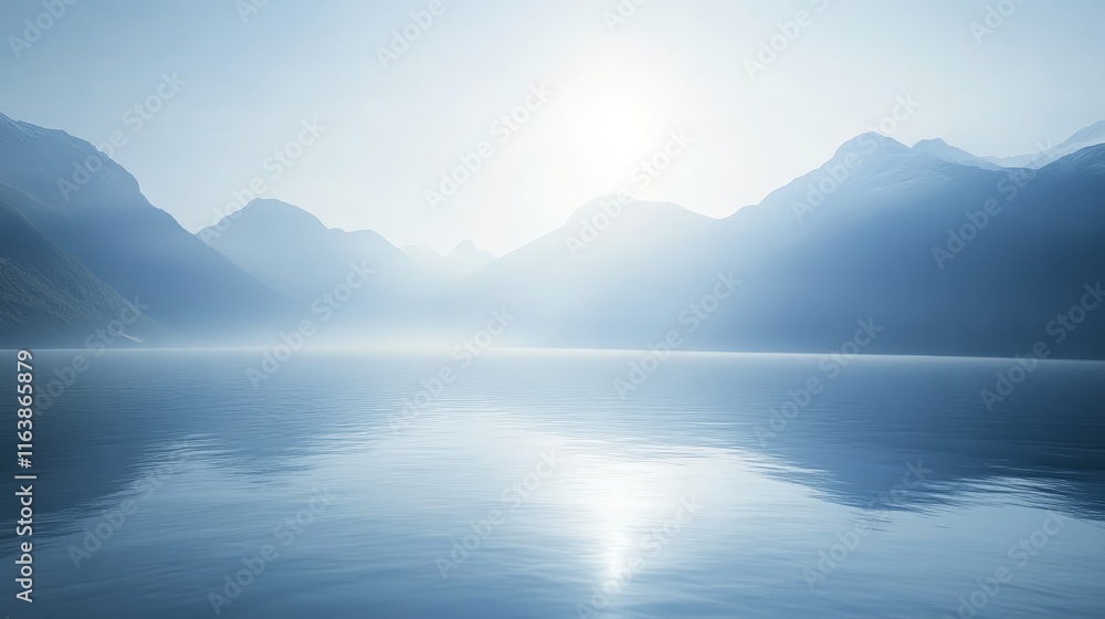 Calm Water Reflects Mountains at Sunrise in a Serene Landscape With a Misty Atmosphere Calm Water Reflects Mountains at Sunrise in a Serene Landscape With a Misty Atmosphere
