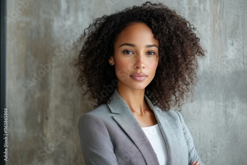 Confident businesswoman posing with folded arms in front of concrete wall photo