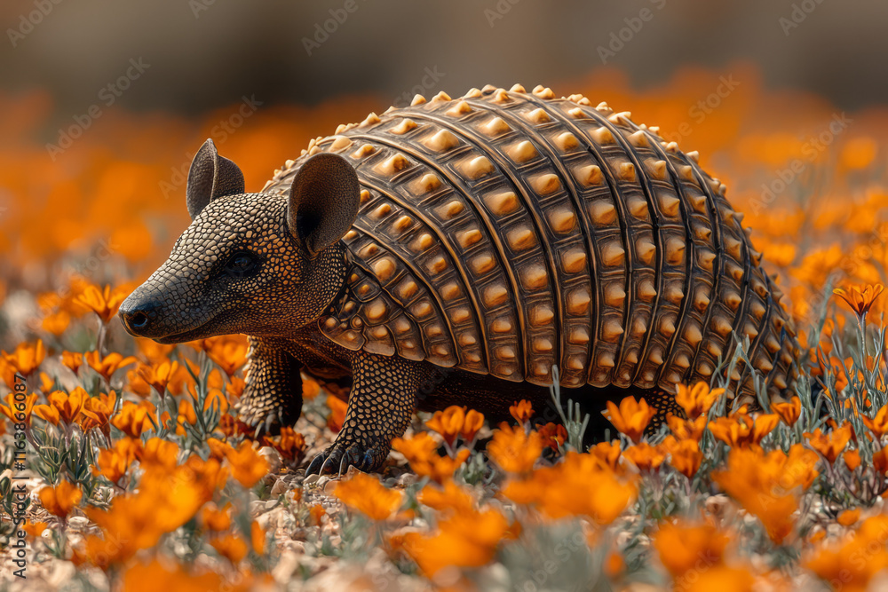 A solitary armadillo exploring a patch of blooming desert sage, A solitary armadillo exploring a patch of blooming desert sage,