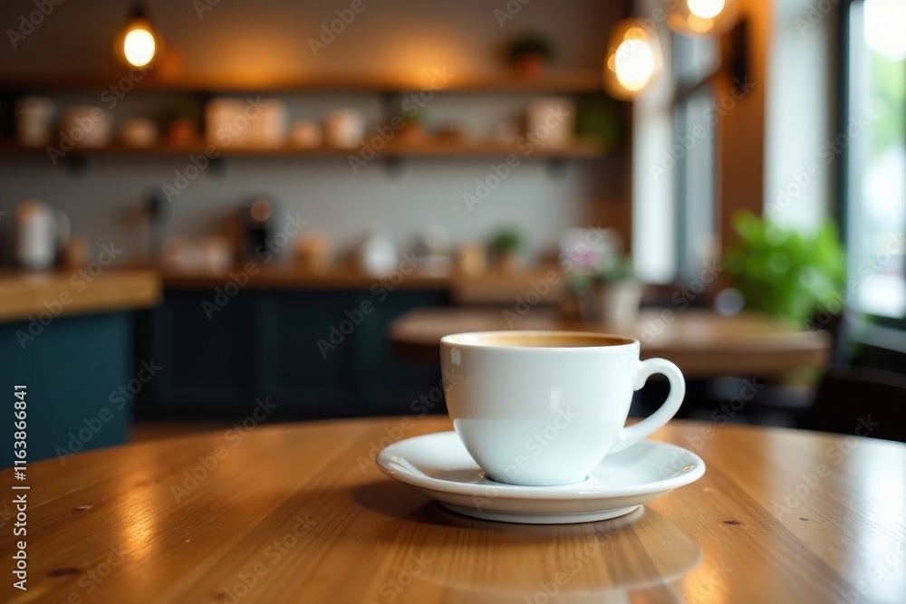 Coffee cup on wooden table with blurred cafe background and bokeh effect, , bokeh, coffee Coffee cup on wooden table with blurred cafe background and bokeh effect, , bokeh, coffee