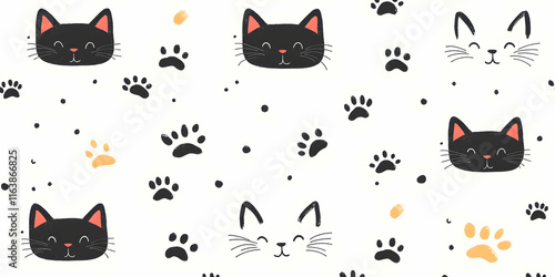 Adorable Cat Faces and Paws Pattern, A Delightful Design Featuring Cute Kitties and Their Prints, Perfect for Fabrics and Wallpapers. photo