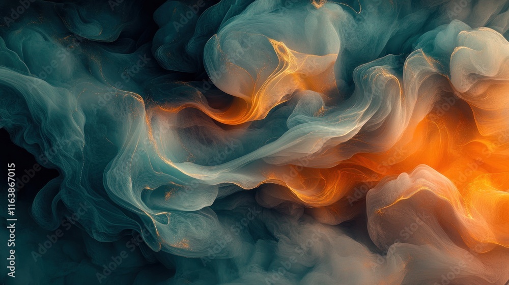 Fototapeta premium Abstract swirling teal, orange, and gold smoke or ink.