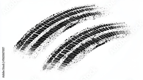 Black car tire tracks, rubber wheel print on road or dirt. Grunge winding trace from vehicle tires isolated on white background. Vector graphic set of tread marks in top and perspective view photo