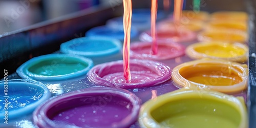 A close-up of colorful wax being poured into a mold to create a new candle.