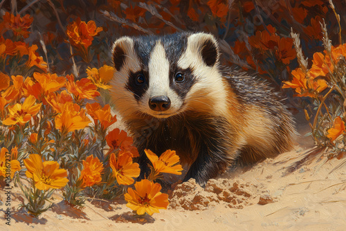 A desert badger digging near a cluster of vibrant wildflowers, photo