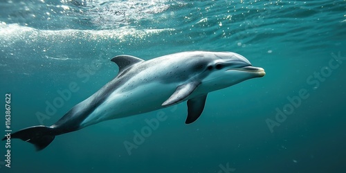 A close-up of Hectorâ€™s dolphin swimming in the wild, its distinctive dorsal fin visible.