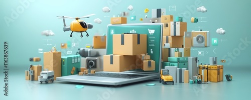 A vibrant, 3D illustration featuring a laptop surrounded by colorful boxes, a helicopter, and delivery elements, symbolizing e-commerce and logistics.