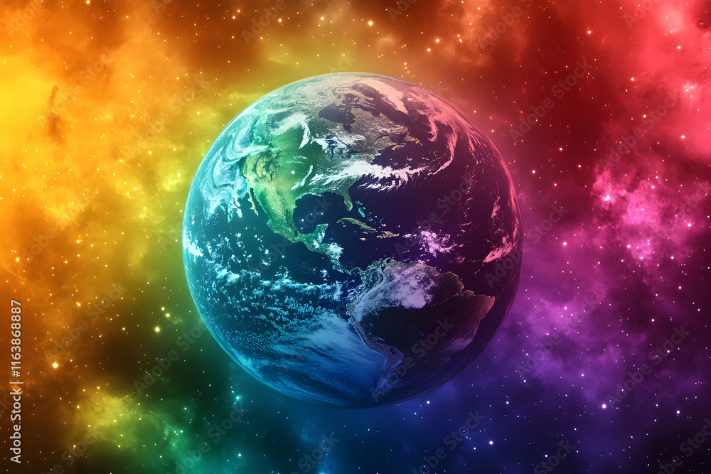 Obraz premium Earth in Vibrant Cosmic Nebula, A Celestial View of Our Planet, Showing its Beauty and Fragility Amidst Stars and Colorful Clouds. Exploring the Universe and Wonder