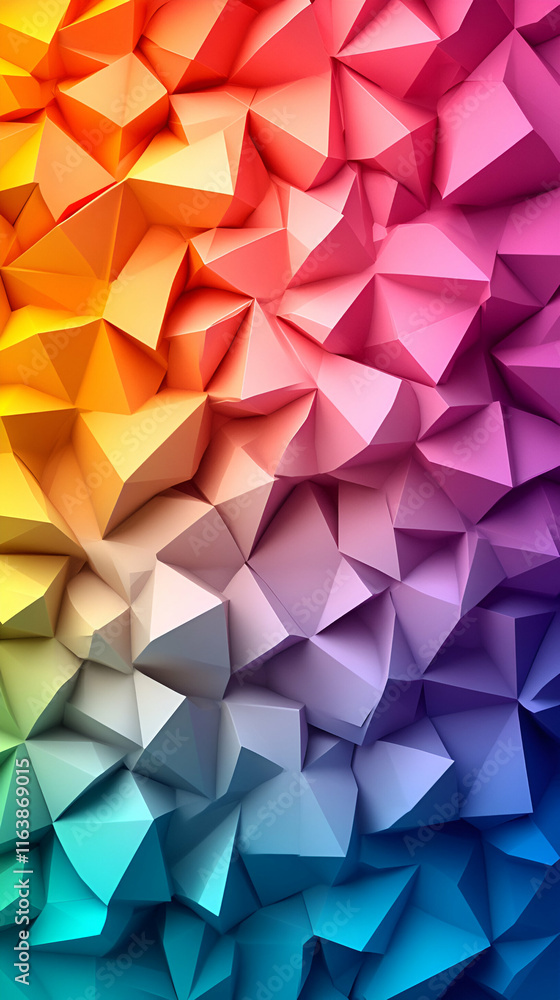 Obraz premium Vibrant Rainbow Geometric Abstract Background, Featuring Interlocking Polygons in a Spectrum of Hues, Creating a Dynamic and Colorful Composition.