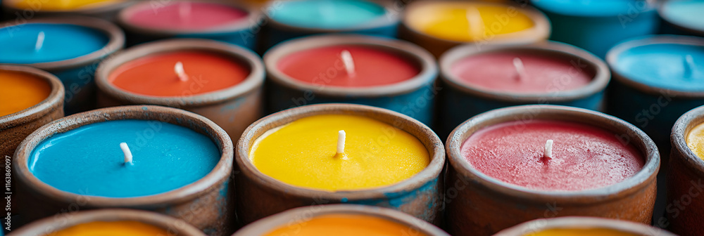 Vibrant Colored Candles in Rustic Pots, Aromatic and Relaxing Home Decor, Perfect for a Cozy Atmosphere. Vibrant Colored Candles in Rustic Pots, Aromatic and Relaxing Home Decor, Perfect for a Cozy Atmosphere.