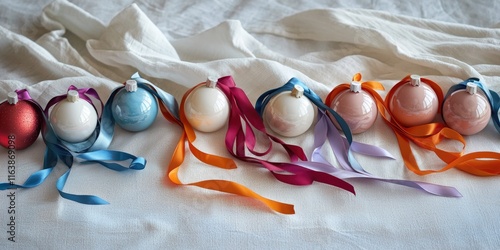 A collection of festive baubles tied with colorful ribbons, ready to be hung on a Christmas tree. photo