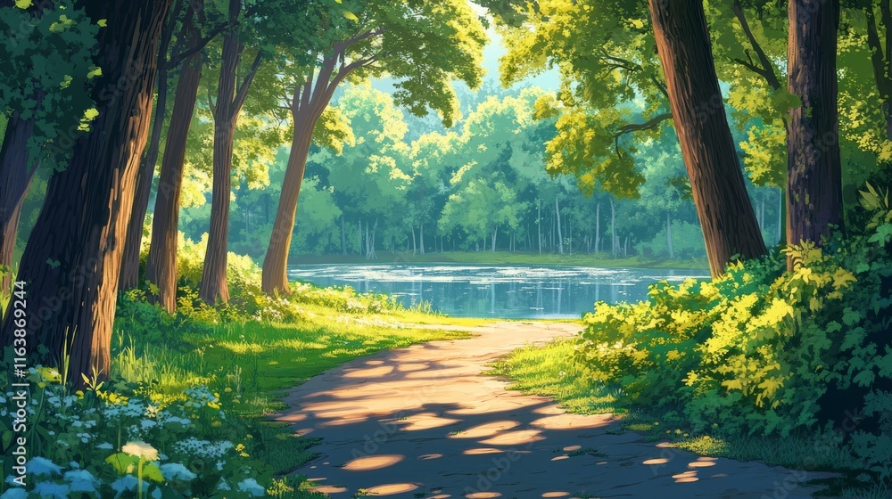 Fototapeta premium Summer forest landscape with lake on glade, trees and path. Vector cartoon illustration of nature panorama with pond, green grass and bushes on shore, stones and sunlight rays