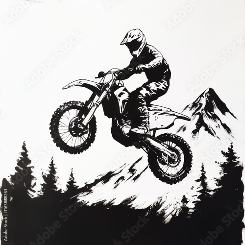 Motocross Rider Performing an Impressive Jump Over Mountains and Trees in a Black and White Artistic Design Showcasing Extreme Sports photo