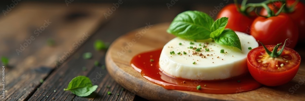 Fresh mozzarella with cherry tomatoes and basil on a wooden cutting board , olive garden , basil, Italy Fresh mozzarella with cherry tomatoes and basil on a wooden cutting board , olive garden , basil, Italy