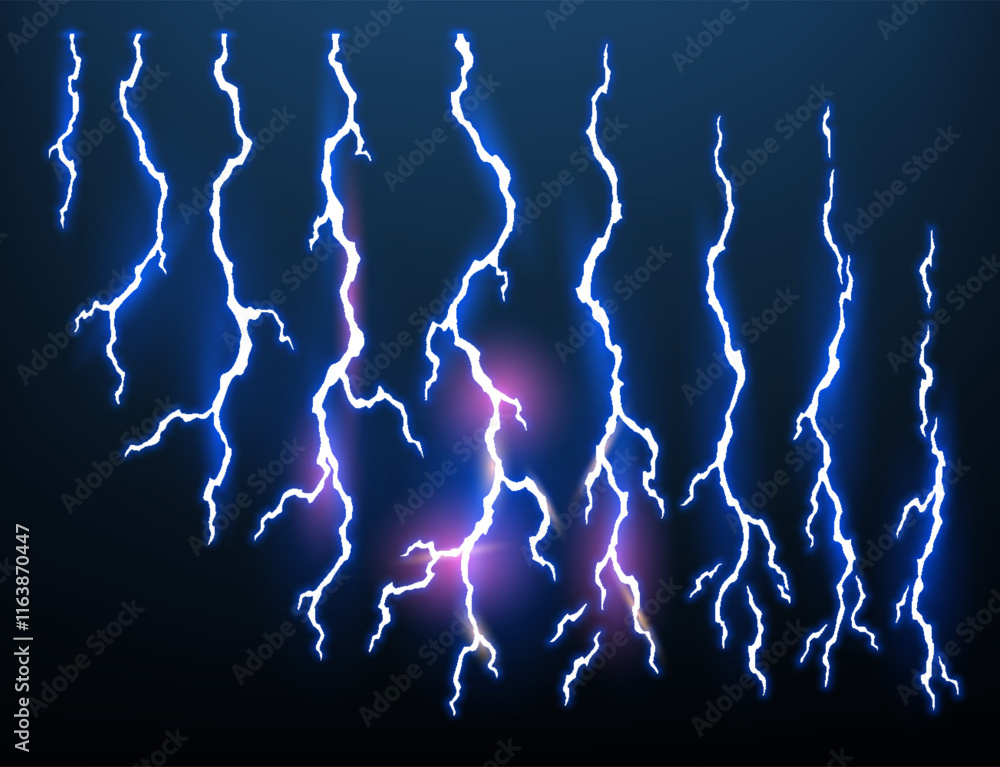 Lightning animation set with sparks. Electricity thunderbolt danger, light electric powerful thunder. Bright energy effect, Vector illustration