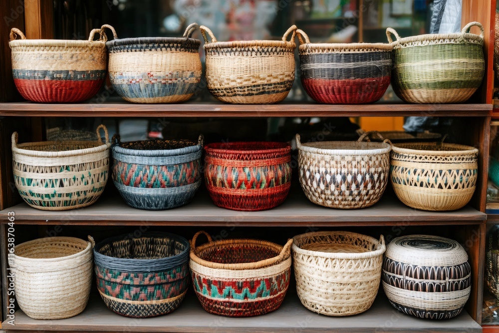 Colorful handmade baskets displayed on wooden shelves, representing traditional craftsmanship