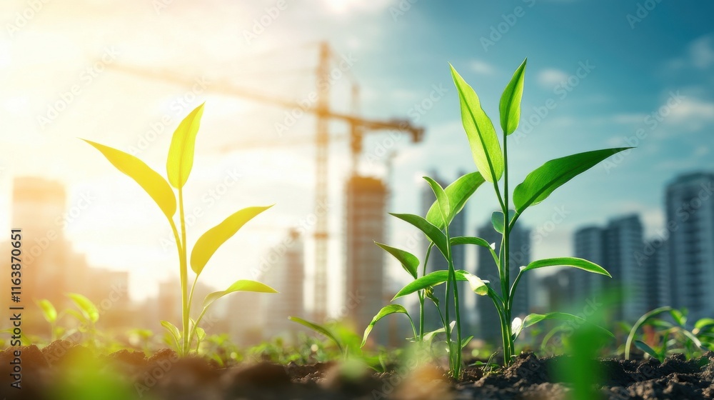 Fototapeta premium Fresh Crops Thrive Amid Construction Development