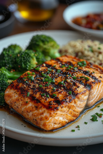 A plate of grilled salmon with a side of steamed broccoli and quinoa,