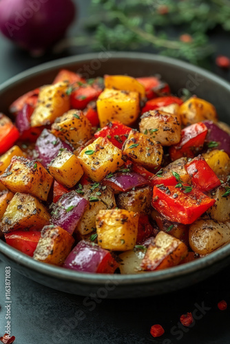 A clean shot of a bowl filled with colorful roasted vegetables,