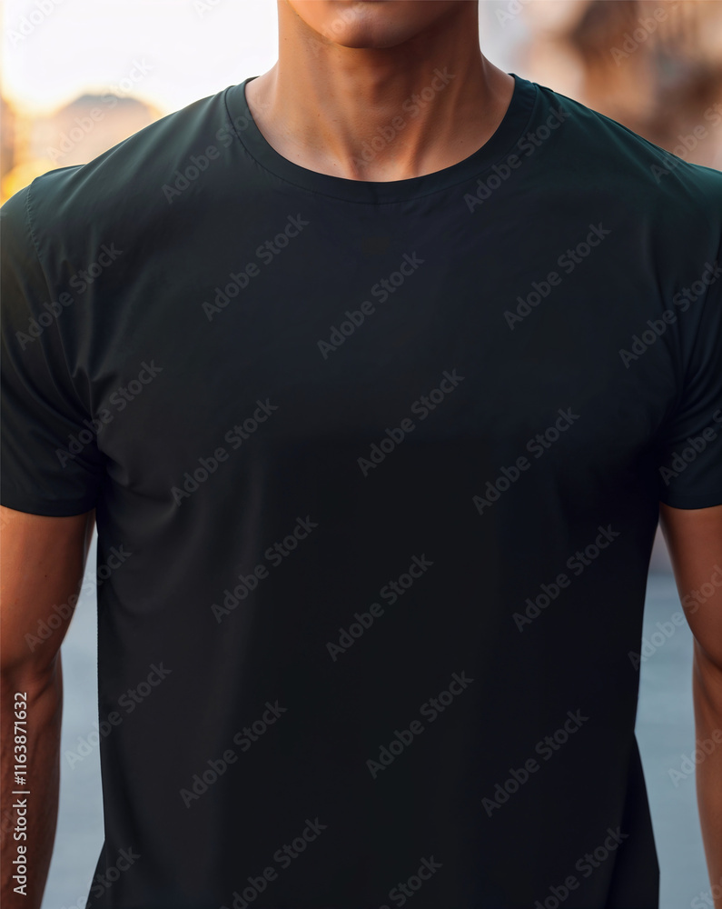 Torso of a fit man, wearing a plain dark green t-shirt over blurred city background. Ideal for design printing or test. Torso of a fit man, wearing a plain dark green t-shirt over blurred city background. Ideal for design printing or test.