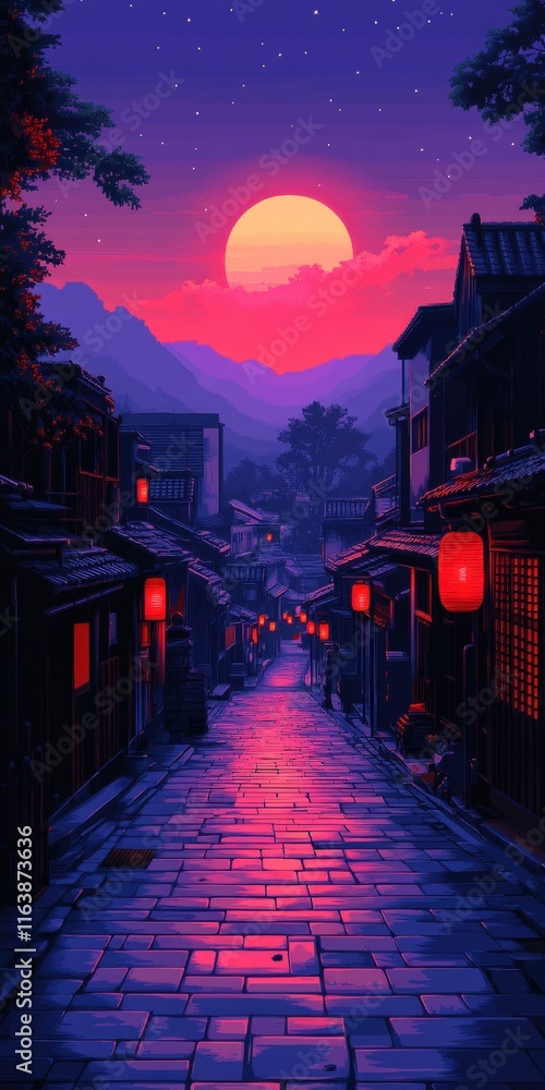 Sunset view of a serene Asian street with traditional architecture and lanterns. Sunset view of a serene Asian street with traditional architecture and lanterns.
