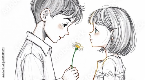 Cute illustration of a boy giving a daisy to a girl in a tender moment