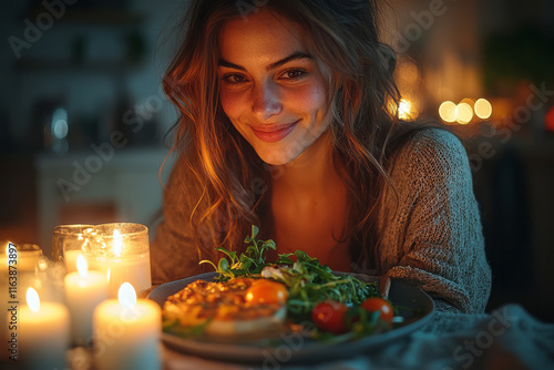 A person breaking their fast with a small plate of healthy food, their smile reflecting satisfaction,
