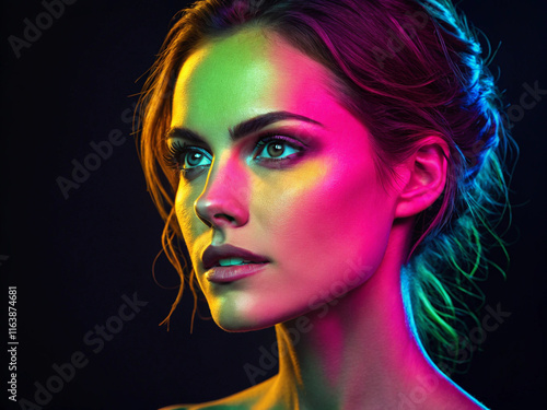 A beautiful female with a glowing face in neon colors.