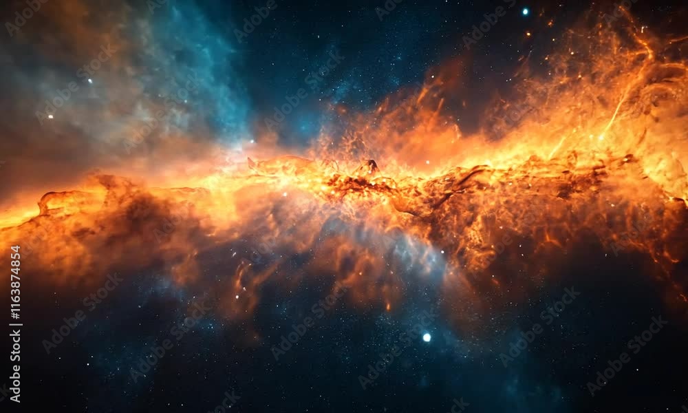 A vibrant cosmic scene depicting a nebula with fiery orange and blue hues. A vibrant cosmic scene depicting a nebula with fiery orange and blue hues.