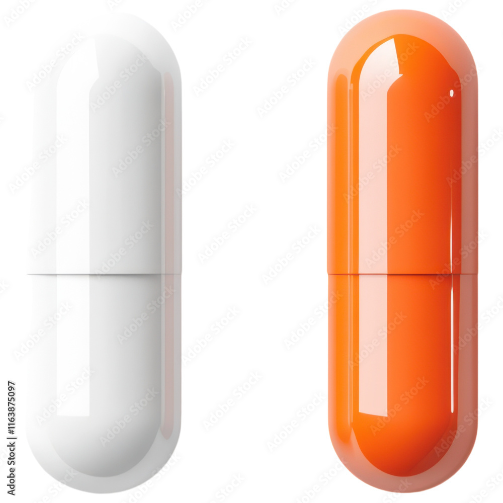 Top View of White and Orange Capsule Pills for Medical Use on Transparent PNG background. Top View of White and Orange Capsule Pills for Medical Use on Transparent PNG background.