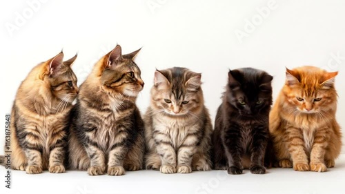 Wallpaper Mural Five fluffy kittens sit in a row against  video motion 4k , featuring various colors and patterns, Ideal for promoting pet care, adoption, or animal-themed content Torontodigital.ca