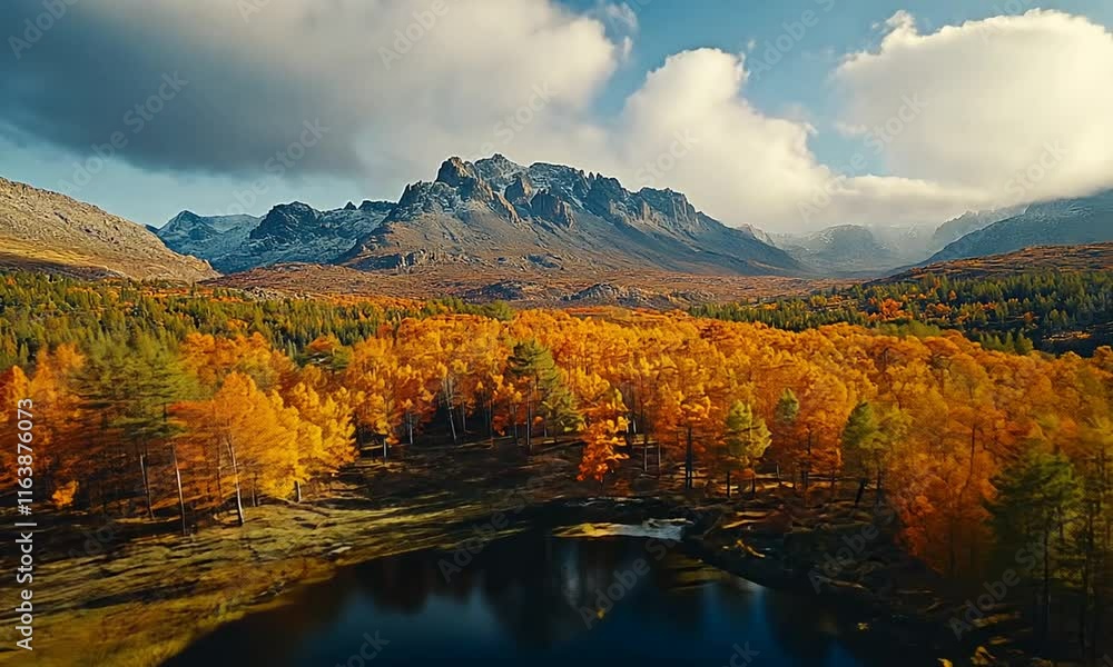 A serene landscape featuring autumn trees, a calm lake, and majestic mountains under a cloudy sky. A serene landscape featuring autumn trees, a calm lake, and majestic mountains under a cloudy sky.