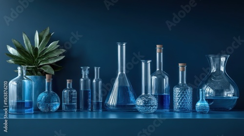 Blue liquid in glass bottles on shelf.