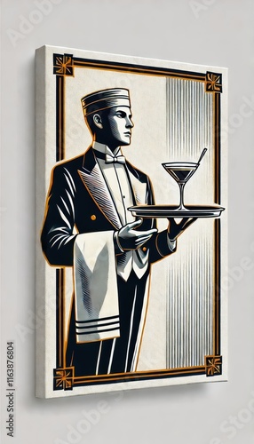 A stylized vintage illustration of a butler serving a drink. photo