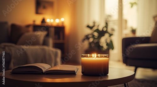 A warm living room features a lit candle and an open book on a table. Soft lighting creates a relaxed atmosphere, ideal for quiet reading or unwinding after a long day photo