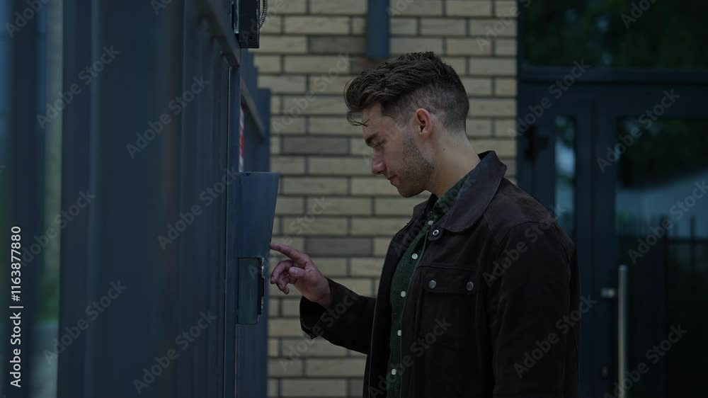 Young man ringing intercom system standing on city street, waiting patiently for access to residential building. Concept of modern technology connecting visitors to secure entrances, slow motion. Young man ringing intercom system standing on city street, waiting patiently for access to residential building. Concept of modern technology connecting visitors to secure entrances, slow motion.