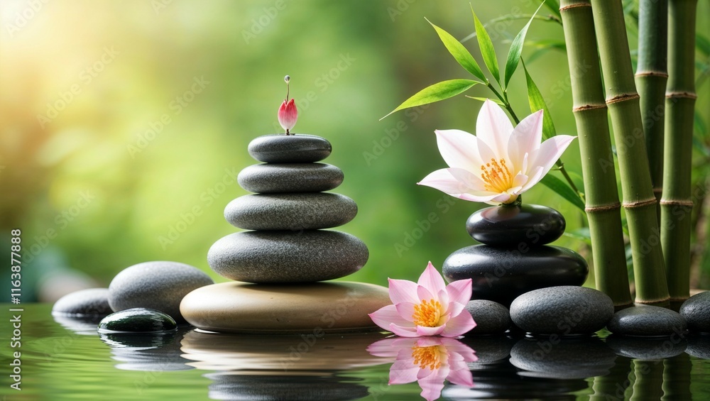 Zen spa stones and orchid flower create a balance of beauty and relaxation Zen spa stones and orchid flower create a balance of beauty and relaxation