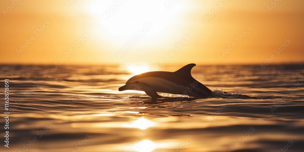 Fototapeta premium A dolphin silhouette swimming across the horizon during the early morning light.