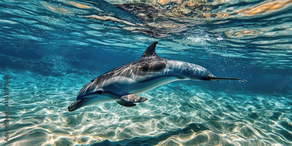 Obraz premium A dolphin swimming through crystal-clear water, its sleek body cutting through the surface.