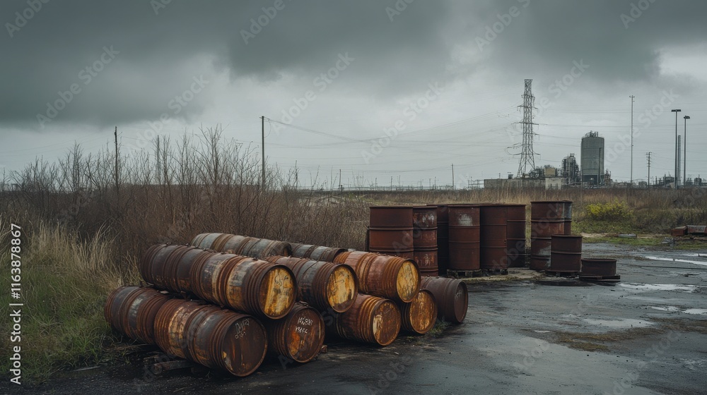 Rusting Barrels Stored in Empty Warehouse Environment Rusting Barrels Stored in Empty Warehouse Environment