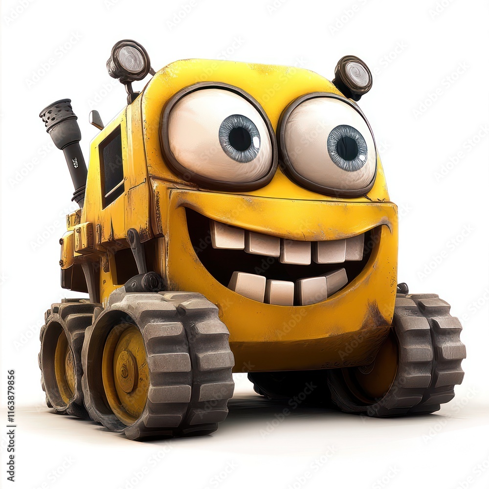 Jolly Road Roller with rolling eyes and a wide grin. vector style art 3d illustration Isolated on White Background Jolly Road Roller with rolling eyes and a wide grin. vector style art 3d illustration Isolated on White Background