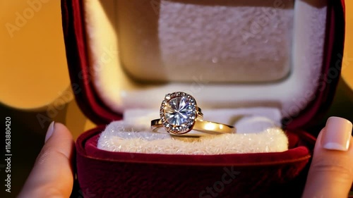Diamond Ring in Open Jewelry Box, Luxurious and Elegant Scene for Engagement and Wedding Videos, Sparkling and Precious Detail.